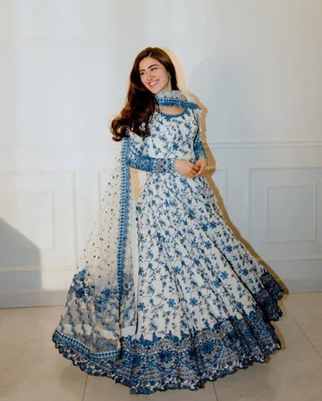 Sangeet Special White Blue Floral Anarkali Suit for Women