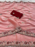 Peach Premium Jimmy Choo Chiffon Saree with Multi Thread Embroidery & Arco Cutwork Border
