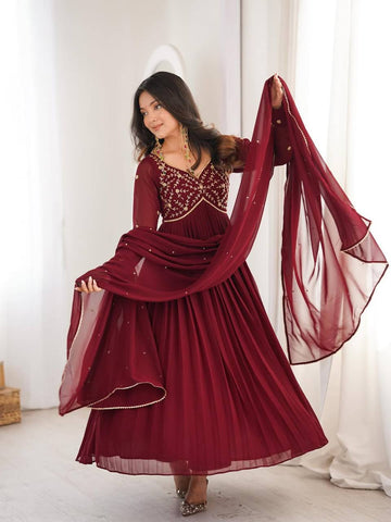 Wine Red Embroidered Anarkali Suit Set for Women with Dupatta