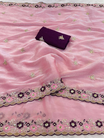 Baby Pink Premium Jimmy Choo Chiffon Saree with Multi Thread Embroidery & Arco Cutwork Border