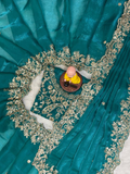 Teal Premium Fancy Satin Saree with Silver Zari Thread Work & Arco Cutwork Border