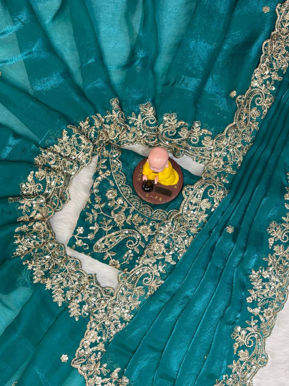 Teal Premium Fancy Satin Saree with Silver Zari Thread Work & Arco Cutwork Border