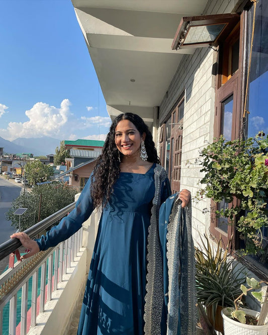 Priyanka Bhardwaj Rama Color Celebrity Anarkali Gown With Heavy Embroidered Dupatta