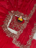 Red Premium Fancy Satin Saree with Silver Zari Thread Work & Arco Cutwork Border