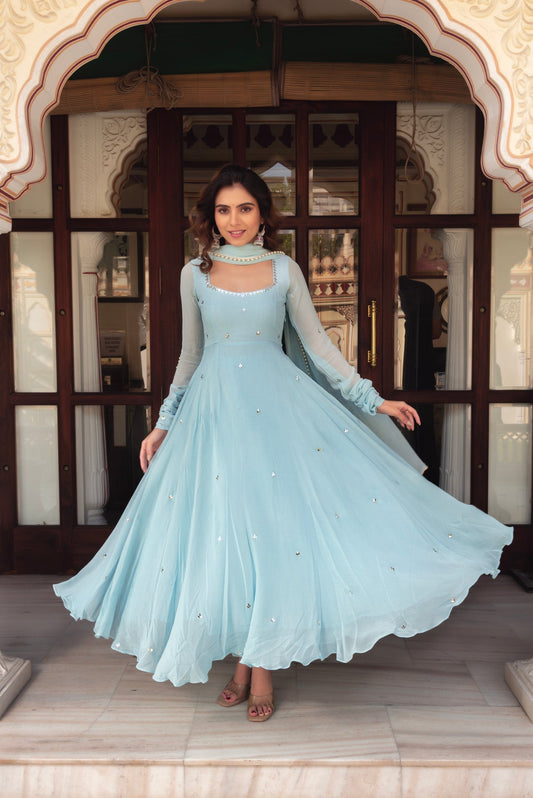 Sky Blue Festive Long Anarkali Dress For Women | Anarkali Suit Party Wear | Traditional Dress For Women
