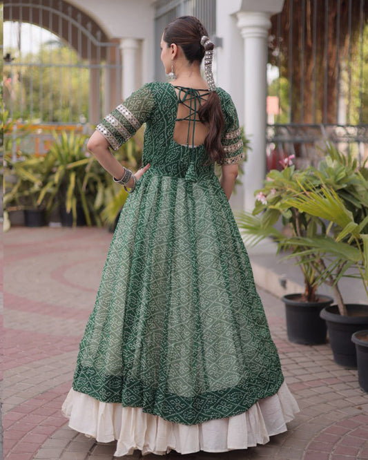 Green Color Bandhani Printed Kurti With Kora Cotton Lehenga