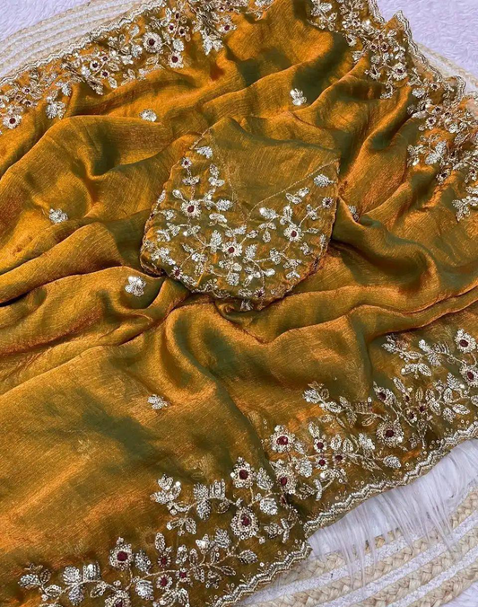 Mustard Gold Heavy Fancy Chiffon Silk Saree