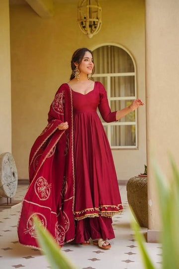 Heirloom Embroidered Anarkali Suit Set for Women - Roman Silk with Chanderi Dupatta