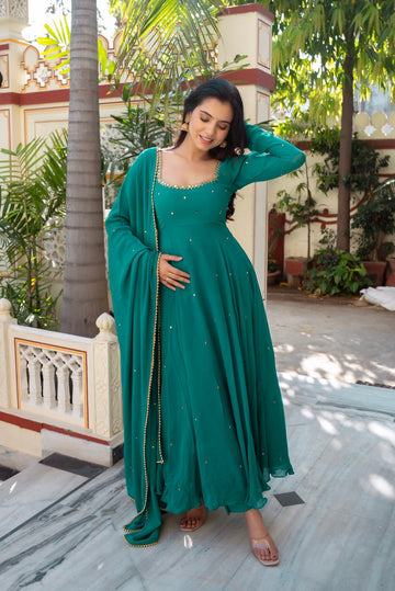 Rama Blue Premium Mirror Work Gown Set for Women with Dupatta