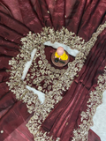 Maroon Premium Fancy Satin Saree with Silver Zari Thread Work & Arco Cutwork Border