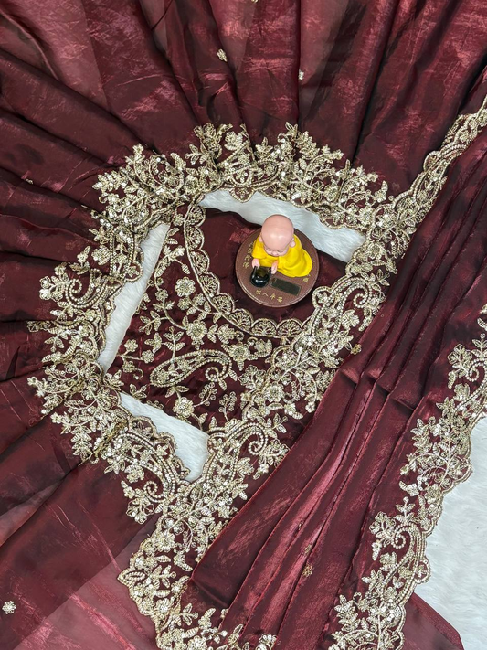 Maroon Premium Fancy Satin Saree with Silver Zari Thread Work & Arco Cutwork Border