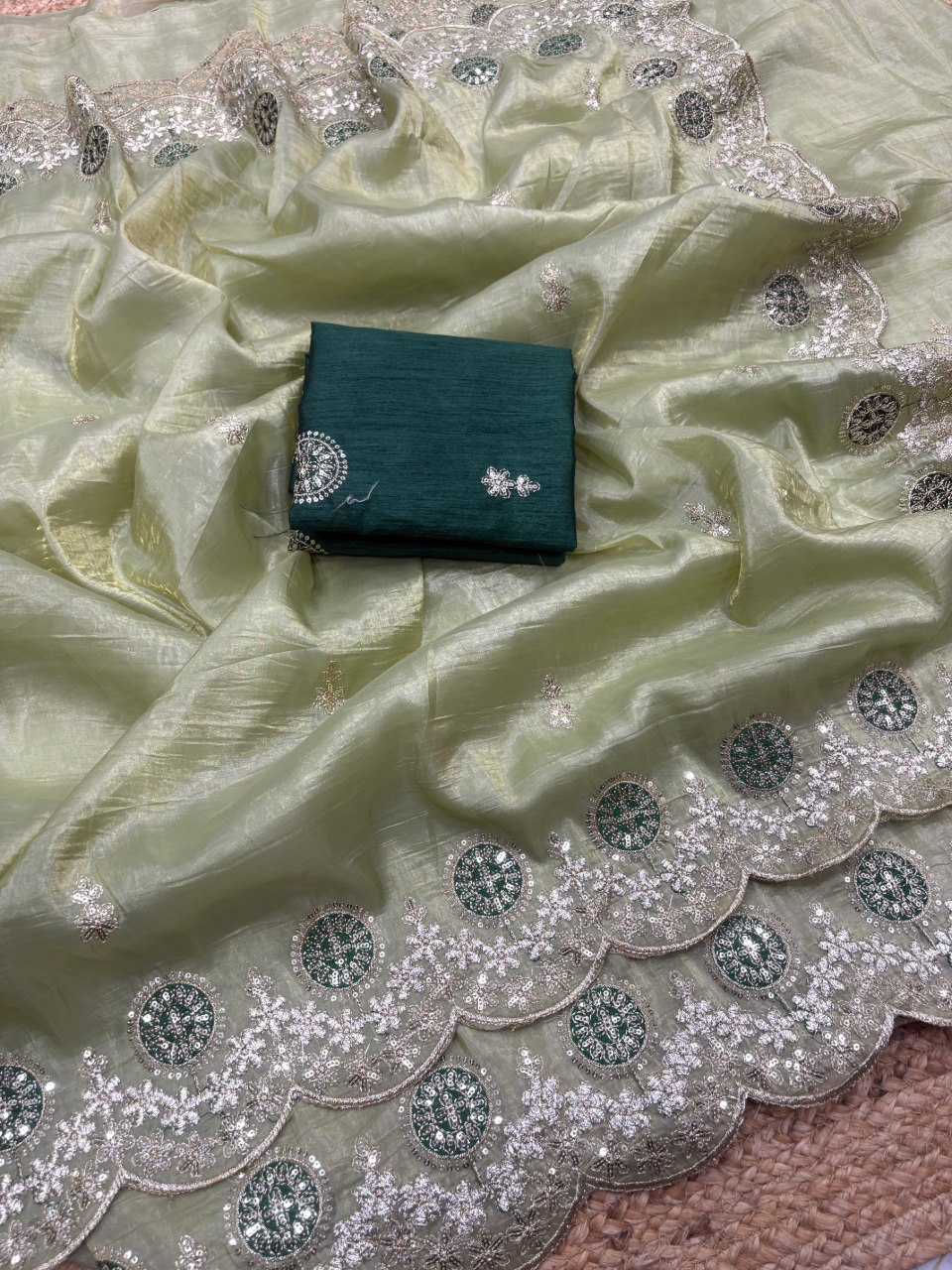 Light Green Premium Gold Crush Saree with Multi Thread Embroidery & Arco Cutwork Border