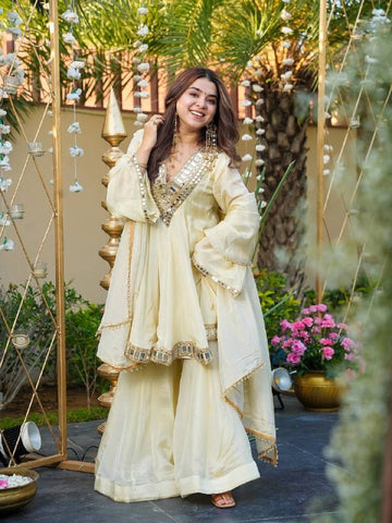 Wedding Wear Premium Cream Cosmos Fabric Mirror Work Anarkali Palazzo Set | Sharara Set For Women
