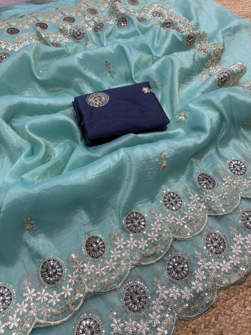 Sea Green Premium Gold Crush Saree with Multi Thread Embroidery & Arco Cutwork Border