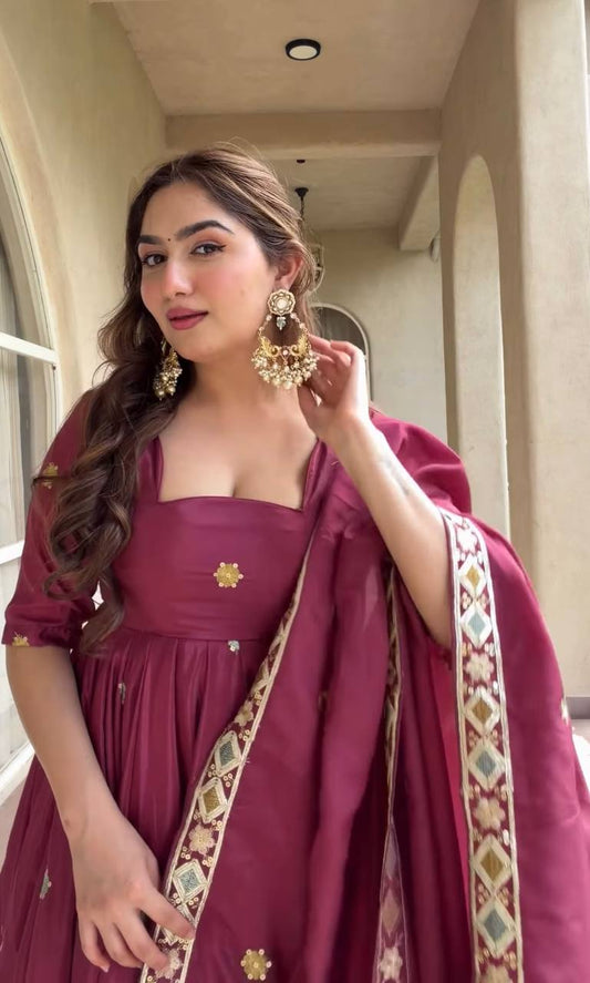 Wine Embroidered Anarkali Suit Set for Women with Dupatta