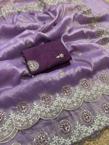 Lavender Premium Gold Crush Saree with Multi Thread Embroidery & Arco Cutwork Border
