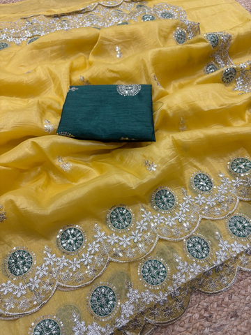 Yellow Premium Gold Crush Saree with Multi Thread Embroidery & Arco Cutwork Border