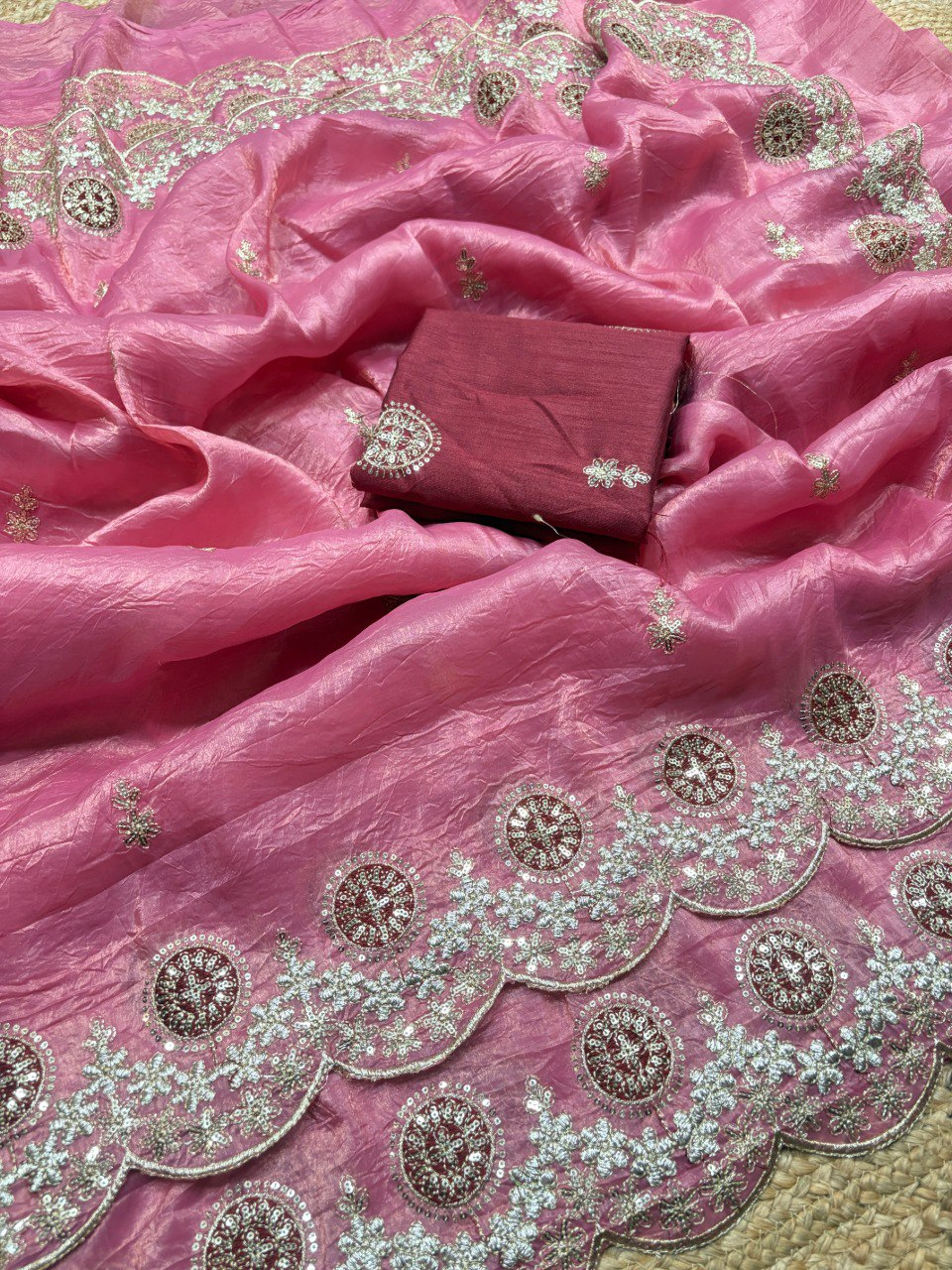Pink Premium Gold Crush Saree with Multi Thread Embroidery & Arco Cutwork Border