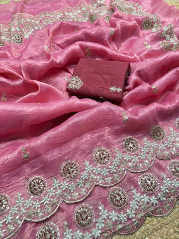 Pink Premium Gold Crush Saree with Multi Thread Embroidery & Arco Cutwork Border