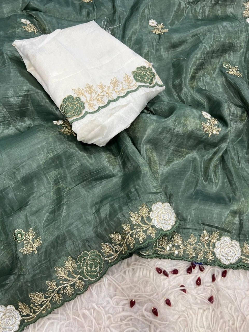 Bottle Green Premium Gold Crush Saree with Floral C-Pallu Embroidery & Arco Cutwork Border