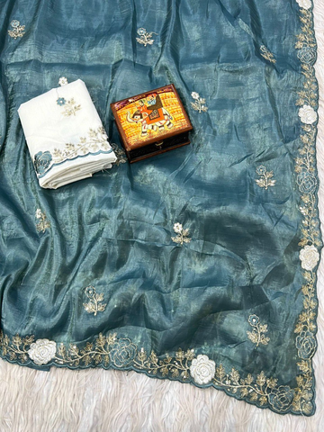 Teal Premium Gold Crush Saree with Floral C-Pallu Embroidery & Arco Cutwork Border