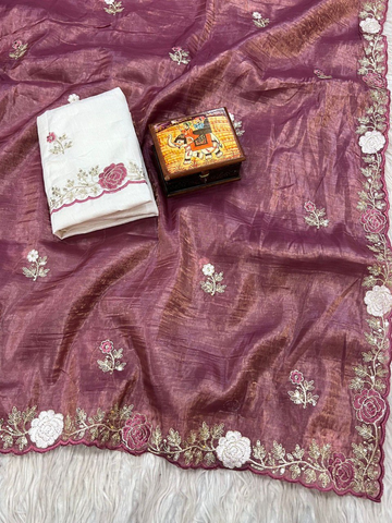 Mauve Premium Gold Crush Saree with Floral C-Pallu Embroidery & Arco Cutwork Border