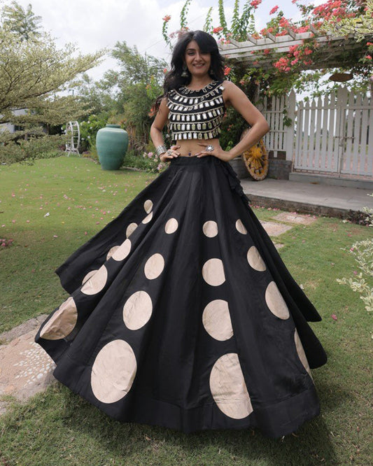 Traditional Black Roman Silk Navratri Wear Lehenga Choli
