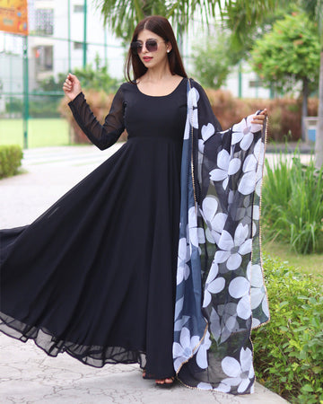 Black Color Soft Georgette Anarkali Gown With Floral Printed Dupatta