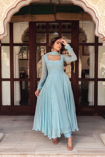 Sky Blue Festive Long Anarkali Dress For Women | Anarkali Suit Party Wear | Traditional Dress For Women