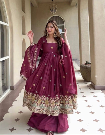 Wine Embroidered Anarkali Suit Set for Women with Dupatta