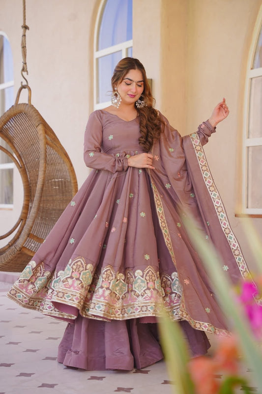 Purple Embroidered Anarkali Suit Set for Women with Dupatta
