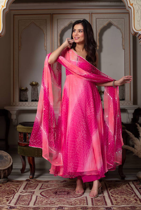 Luxury Pink Real Mirror Handwork Anarkali Suit Set with Dupatta & Pant