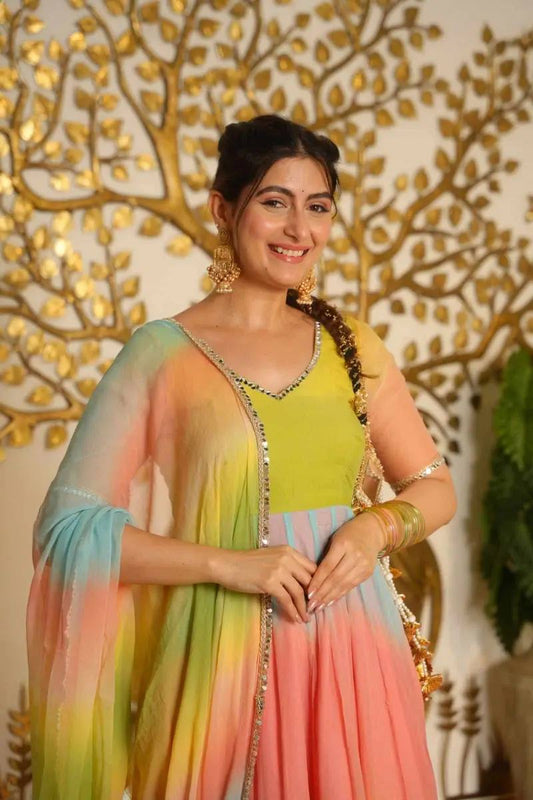 Pastel Green & Peach Flared Anarkali Suit Set for Women with Dupatta