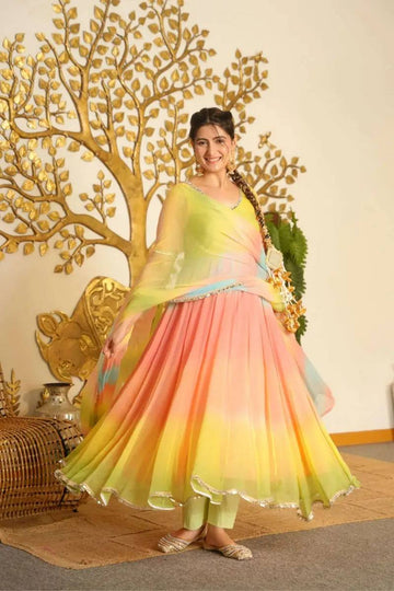 Pastel Green & Peach Flared Anarkali Suit Set for Women with Dupatta