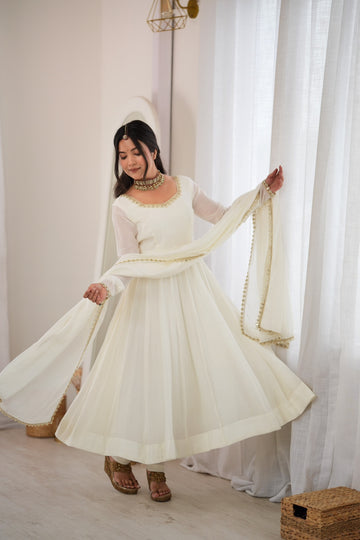 Off White Mirror Work Anarkali Gown for Women with Dupatta