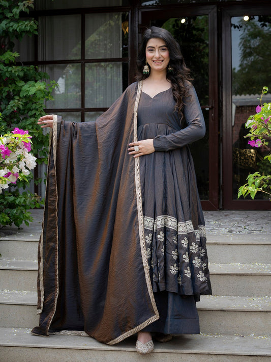Charcoal Embroidered Anarkali Suit Set for Women with Dupatta