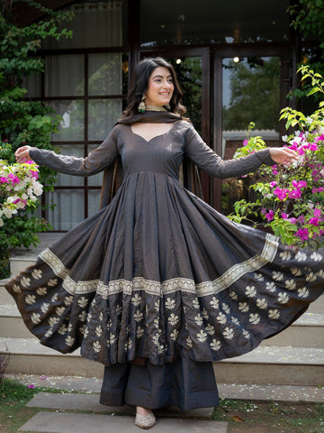 Charcoal Embroidered Anarkali Suit Set for Women with Dupatta