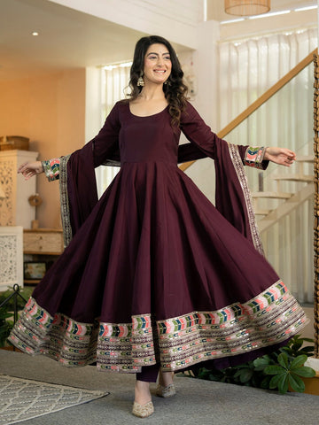 Maroon Designer Embroidered Anarkali Suit Set for Women with Dupatta