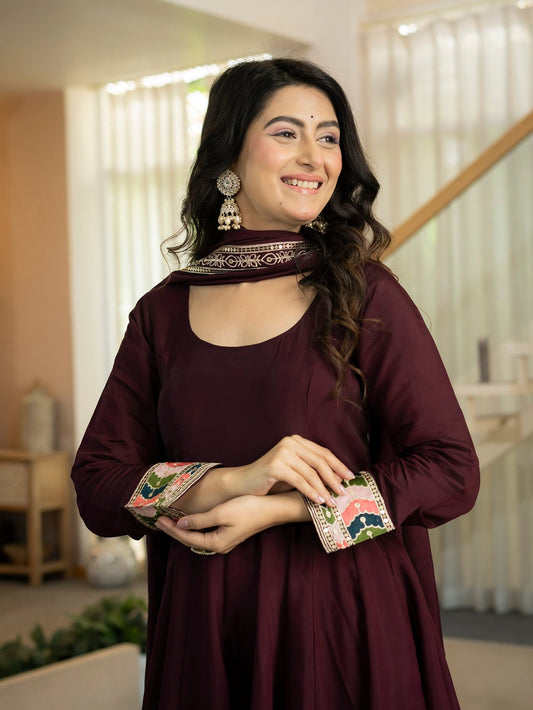 Maroon Designer Embroidered Anarkali Suit Set for Women with Dupatta
