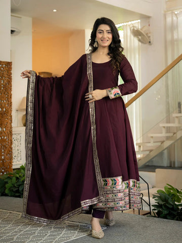 Designer Anarkali Suit Set for Women - Satin Silk Kurta with Dupatta