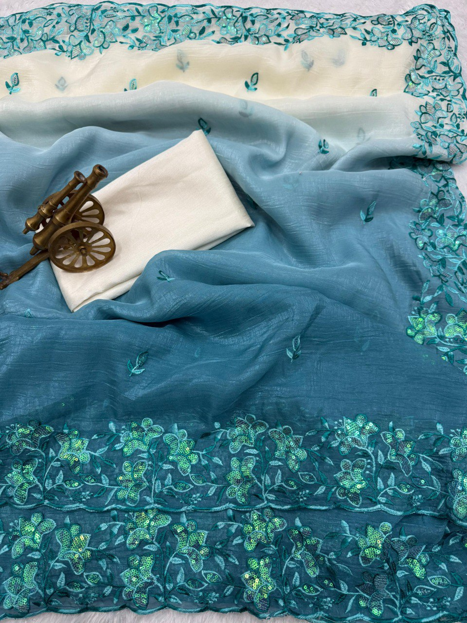 Teal Shaded Premium Crunchy Padding Saree with Multi Thread Embroidery & Arco Cutwork Border