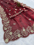 Maroon Premium Fancy Satin Saree with Multi Thread Floral Embroidery & Arco Cutwork Border