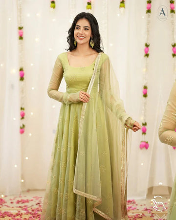 Nivi Pastel Green Anarkali Gown for Women with Net Dupatta