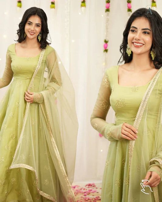 Nivi Pastel Green Anarkali Gown for Women with Net Dupatta