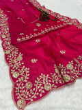 Rani Pink Premium Fancy Satin Saree with Multi Thread Floral Embroidery & Arco Cutwork Border