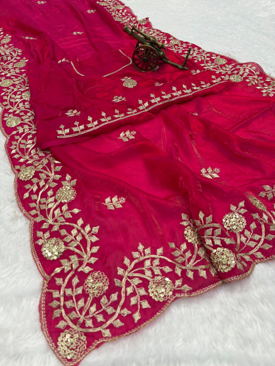 Rani Pink Premium Fancy Satin Saree with Multi Thread Floral Embroidery & Arco Cutwork Border