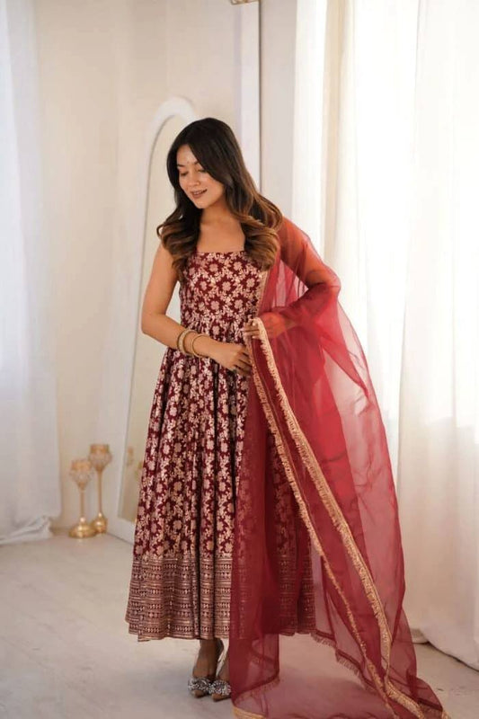 Maroon Sleeveless Anarkali Gown for Women with Net Dupatta