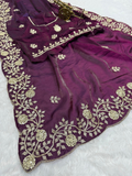 Wine Premium Fancy Satin Saree with Multi Thread Floral Embroidery & Arco Cutwork Border