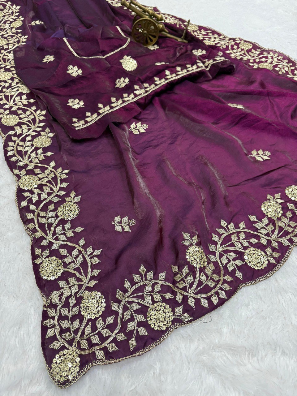 Wine Premium Fancy Satin Saree with Multi Thread Floral Embroidery & Arco Cutwork Border