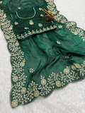 Dark Green Premium Fancy Satin Saree with Multi Thread Floral Embroidery & Arco Cutwork Border